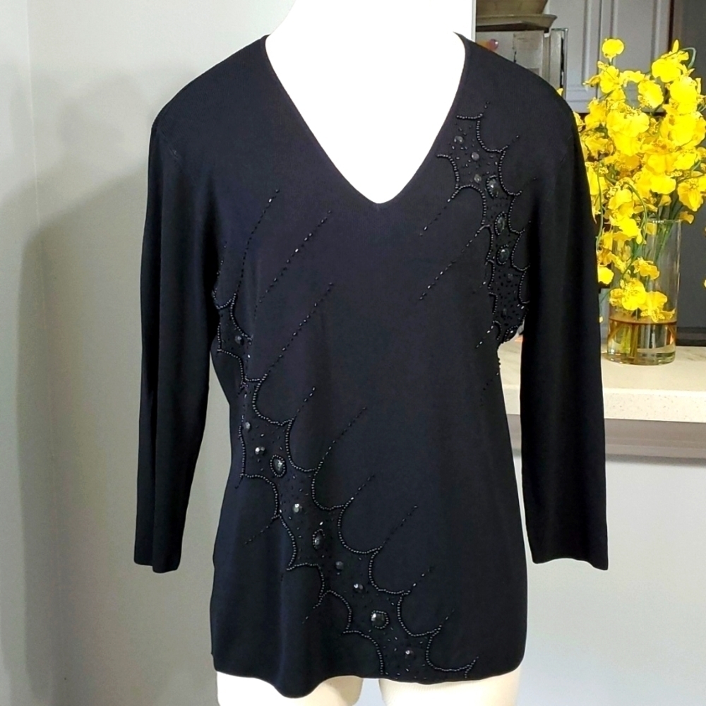 LOULOU, black beaded sweater, NWT. Size XL. 3/4 sleeves. Goth‎
